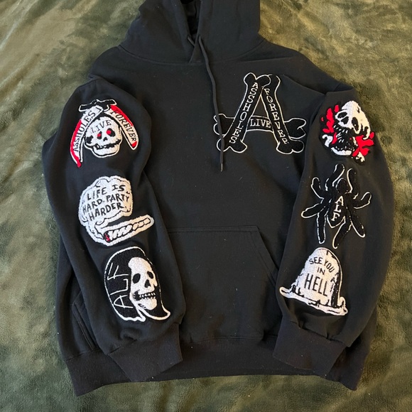 A-holes Live Forever ALF Men Sweatshirt Black Hoodie Skull Size M - Picture 2 of 4